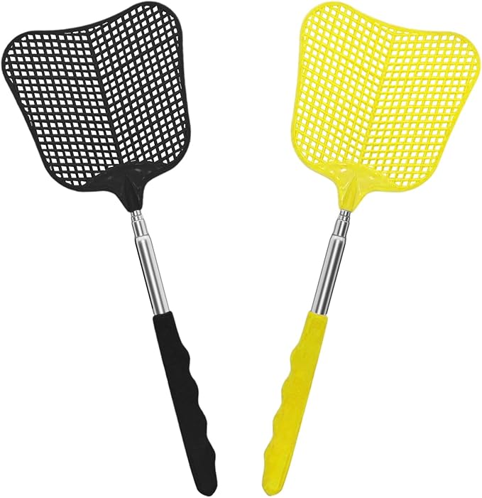 MYSTICHOME Fly Swatter 2 Pack, Durable Heavy Duty Plastic Fly Swatters, Stainless Steel Telescopic FlySwatter for Indoors/Outdoor/Kitchen/Garden (Yellow+Black)
