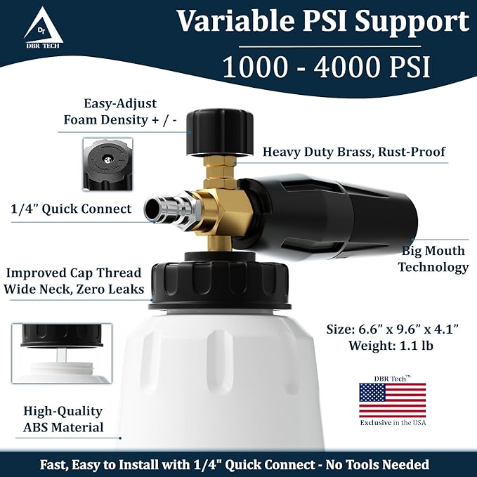 Foam Cannon for Pressure Washer, 1.1mm Orifice, 1000-4000 PSI, 1/4 Inch Quick Connector, Wide Neck and Adjustable Spray, Heavy Duty Car Snow Foam Blaster for Superior Foaming & Deep Clean, Black