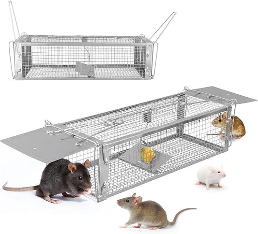 Humane Rat Trap, Dual Door Metal Mouse Cage Traps and Other Small Live Animals Cage, Mouse Trap with 2 Detachable U Shaped Rod, Easy to Catch and Release, Work for Indoor Outdoor