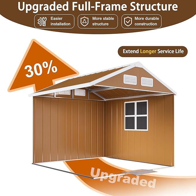 Outdoor Tool Shed 4x6 FT Heavy-Duty Metal Storage Shed with Lockable Door, Windows & Ventilation - Weather-Resistant Roof Garden Shed for Backyard, Patio, Lawn (Brown)