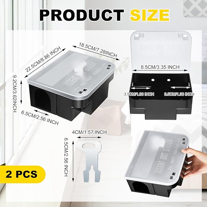 Qualirey 2 Pcs Rat Bait Station 8.86 x 7.28 x 3.62 Inches Rat Traps with Openable Lid, Blocks Boxes with Keys for Big Mouse, Keeps Children and Pets Safe Indoor & Outdoor, Bait Not Included (Clear)