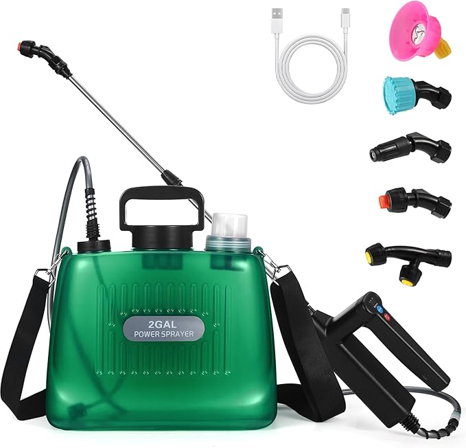 Battery Powered Sprayer 2 Gallon, Garden Sprayer with Upgraded Electric Rechargeable Handle, 5 Mist Nozzles, Transparent Tank with Scale Mark, Suitable for Lawn, Garden