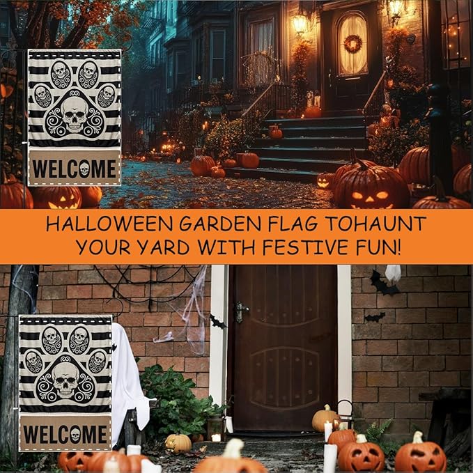 Fokongna Halloween Welcome Garden Flag, Dog Paw Print Skeleton Halloween Decor Garden Flag, 12x18 Inch Burlap Vertical Double Sided Flags, for Home Yard Outside Decorations