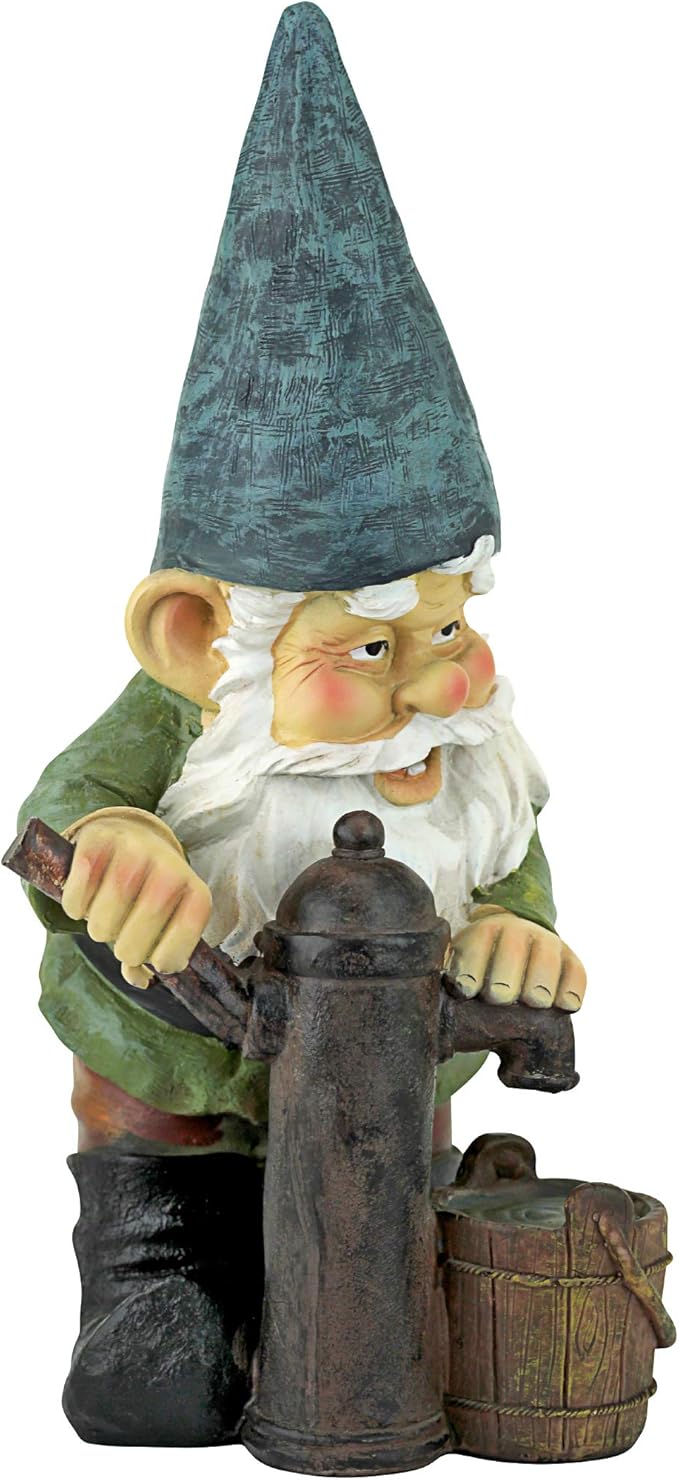 Design Toscano Garden Gnome Statue - Water Pump Pete Garden Gnome - Lawn Gnome Full Color