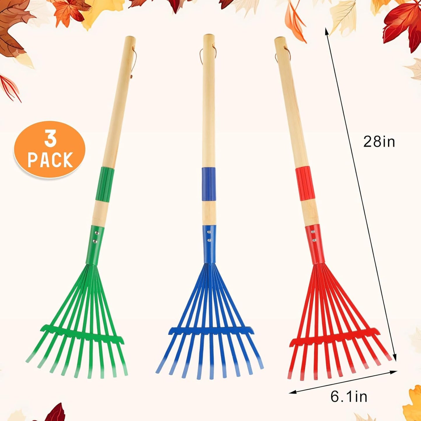 3Pcs Kids Rakes with Hardwood Handle - Metal Kids Leaves Rakes, 28" Child Size Lawn Rakes, Garden Tool Set for Kids Boys and Girls