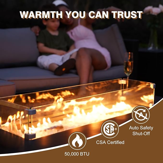 2-Piece Outdoor Propane Fire Pit Table Set – Premium Marble-Like MgO Finish, 56-Inch Gas Fire Table with Glass Wind Guard for Patio, Garden & Backyard, Includes Rain Cover & Glass Beads