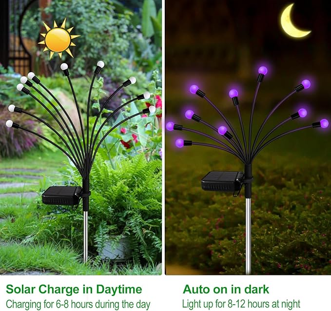 Kohlrabi Solar Garden Lights Outdoor, 10 Pack 80 LED Solar Purple Firefly Lights Waterproof, Sway by Wind, Halloween Swaying Light for Yard Patio Backyard Garden Planter Flower Bed Pathway Decoration
