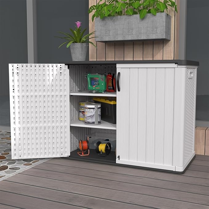 Patiowell 26 Cu.ft Plastic Outdoor Storage Cabinet, Lockable Waterproof Horizotal Storage Shed, Tool Box for Patio, Garden Tools, Garbage Cans, Pool Supplies, Easy Assembly, White(Not Include Shelves)