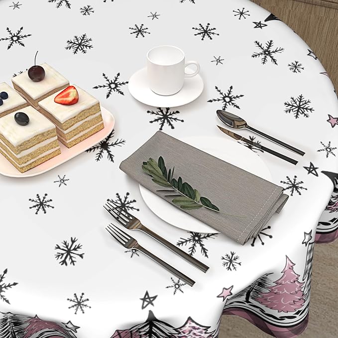 Giwawa Christmas Round Tablecloth 60 Inch,Snowflakes Pink Buffalo Plaid Xmas Pine Trees Farmhouse Washable Polyester Fabric Table Cover for Kitchen Winter Holiday Party Table Decor