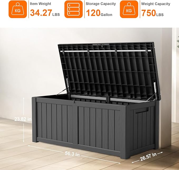 120 GallonOutdoor Storage Box,Resin Deck Boxes Waterproof, IndoorOutdoor Bin for Package Delivery, Patio Cushions, Gardening Tools, Lockable, UV Resistant