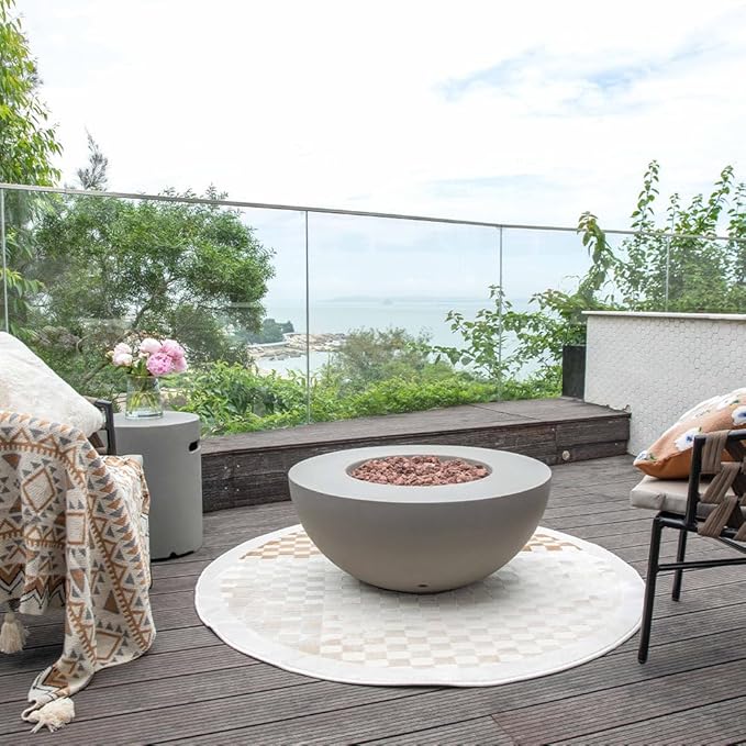 Roca Concrete Fire Pit 34" x 34" Patio Firepit Includes Lava Rocks Modern Fire Pits & Outdoor Fireplaces for Garden, Deck, Indoor & Outdoor Heating