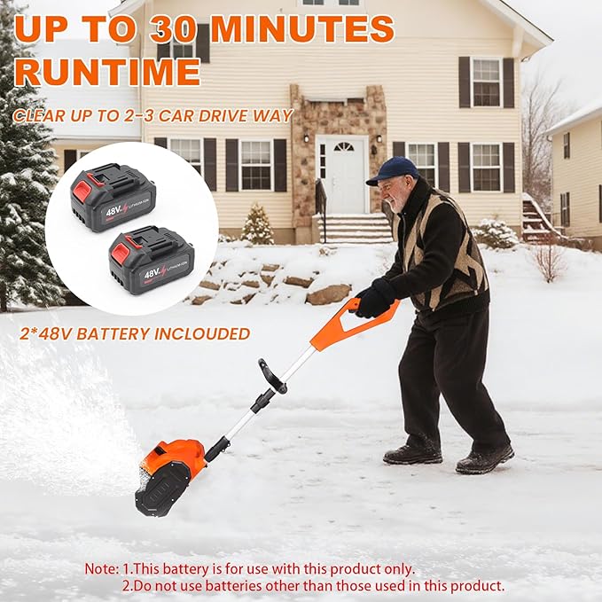 13" Cordless Snow Shovel, 2x 48V 600W Motor 4-Ah Battery Powered Snow Blower 8" Depth Electric Snow Shovel with Directional Plate Adjustable Front Handle (4-Ah Battery & Quick Charger Included) Orange
