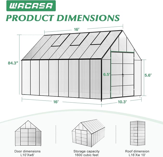 10'x10'x16' Snap-Together Greenhouse - Easy 3-Way Connectors, Heavy-Duty Aluminum Frame, Wind/Snow Resistant for Gardening/Urban Farming, Includes Sliding Door & Ventilation Windows
