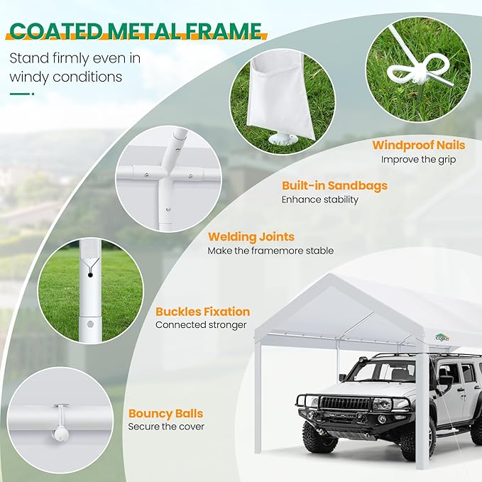 COBIZI Carport Canopy 12x20 Heavy Duty Car Tent Garage, Galvanized Frame Car Canopy Outdoor Shelter Waterproof & UV Protected with Built-in Sandbags & All-Season Tarp for Car Boat Truck, White