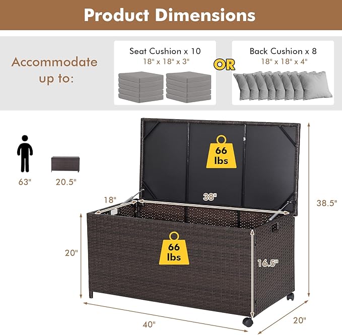 Tangkula 50 Gallon Wicker Deck Storage Box, Patio Rattan Storage Container with 2 Universal Wheels, Safety Pneumatic Rod, Zippered Liner, Sturdy Steel Frame, Ideal for Backyard, Poolside