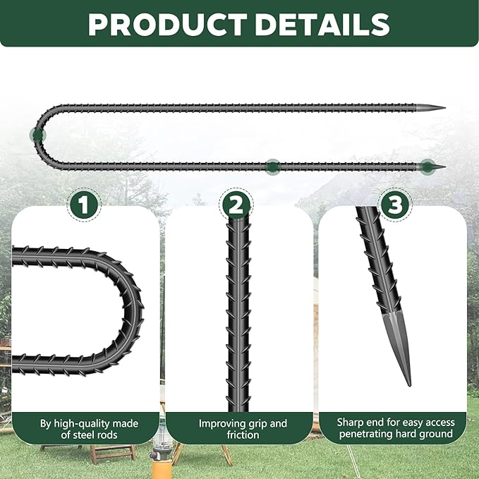 20 PCS Trampoline Stakes Anchors High Wind Heavy Duty,U Shaped Garden Hooks Stakes for Ground,Trampoline Tie Downs Anchor Kit,Bounce Horseshoe House Stake,Rebar Camping Tent Stakes,16 Inch Long Black