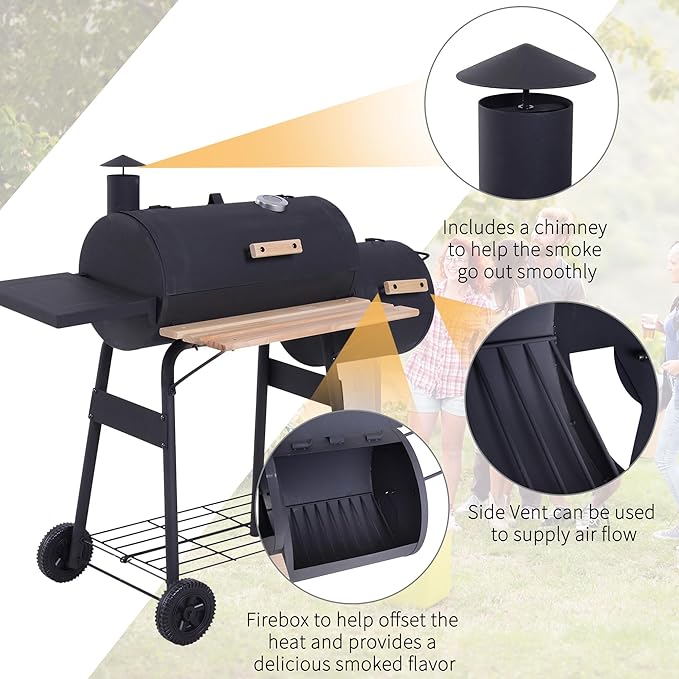 48" Steel Portable Backyard Charcoal BBQ Grill and Offset Smoker Combo with Wheels.