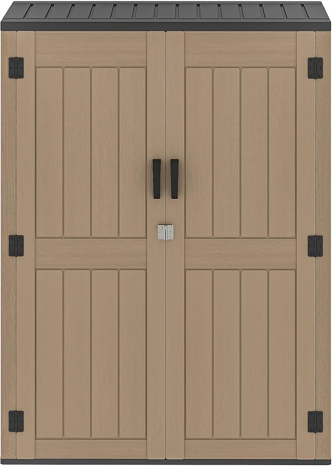 DWVO 59 Cu. Ft. Vertical Storage Shed, Weatherproof Outdoor Tall Cabinet with Double-Wall Panels and Floor, Lockable Resin Shed for Garden, Garage, Patio,Brown (Shelves Not Included)