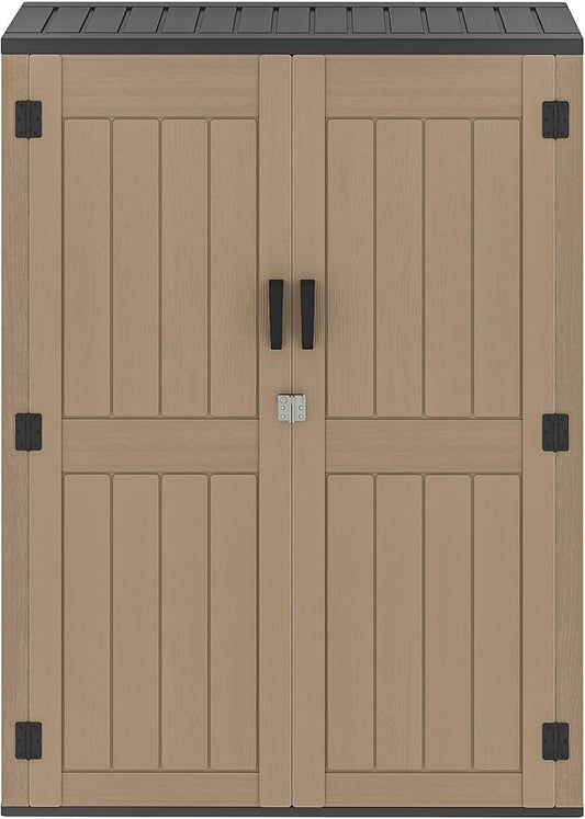 DWVO 59 Cu. Ft. Vertical Storage Shed, Weatherproof Outdoor Tall Cabinet with Double-Wall Panels and Floor, Lockable Resin Shed for Garden, Garage, Patio,Brown (Shelves Not Included)