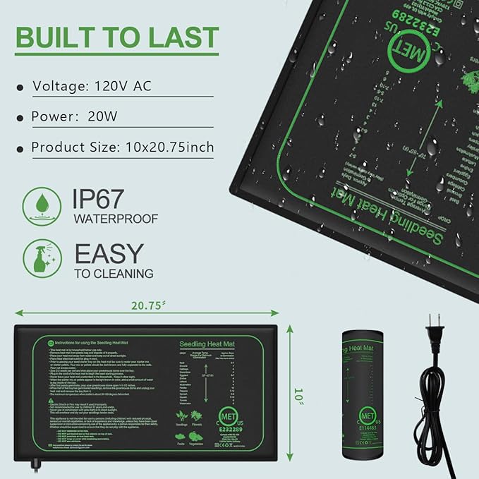 Seedling Heat Mat for Seed Starting, 10" x 20.75" 21W Waterproof Heating Pad for Indoor Tray Plants,Safe & Durable Warm Mats for Hydroponics Germination