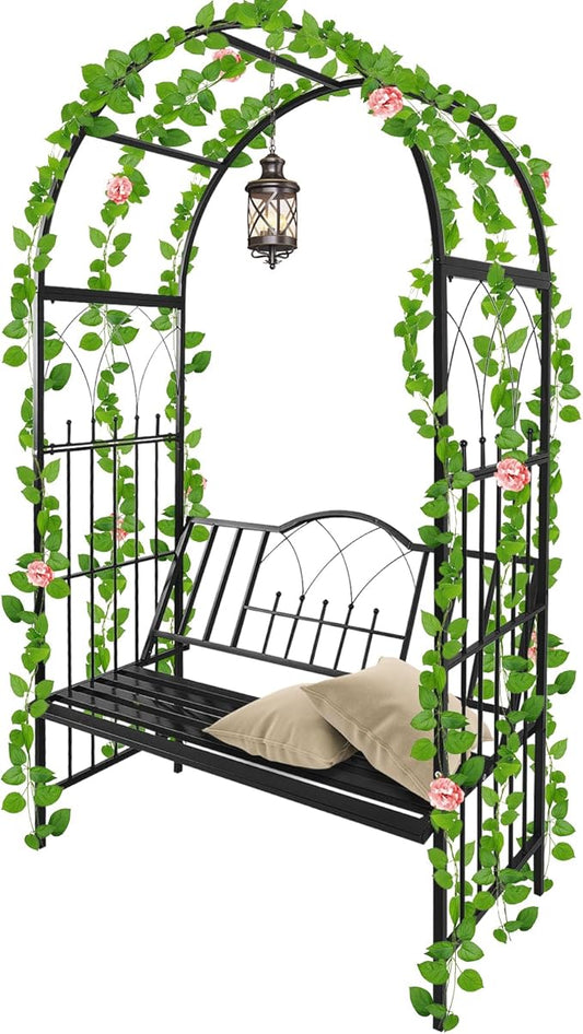 Kalolary Garden Arch with Bench, Heavy Duty Metal Garden Arbor for Climbing Plant & Bench Vines Climbing Support for Lawn Yard Patio Decor (81"x45")