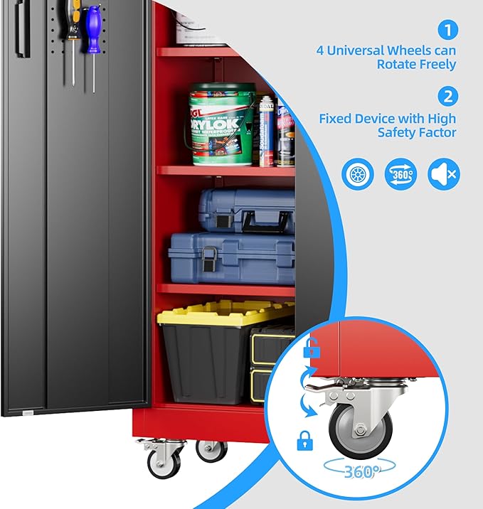 71"H×32"W×16"D Rolling Tool Storage Cabinet with 5 Adjustable Shelves and Pegboard,Metal Garage Storage Cabinet with Wheels for Garage Home Office Utility Room,Required Assembly, Red and Black