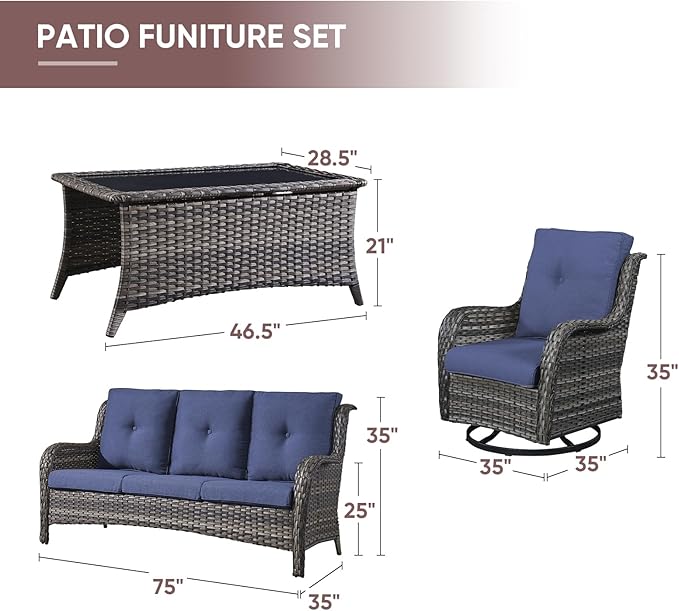 Patio Furniture 4 Piece, All-Weather PE Wicker Outdoor Furniture Set with Coffee Table,Outdoor Patio Furniture with Swivel Rocker Chairs and Outdoor Sofa