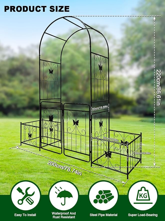 Kalolary Garden Arch with Gate and Plant Box, Heavy Duty Metal Butterfly Garden Arbor for Climbing Plant Raised Bed Rose Vines Climbing Support for Lawn Backyard Patio Outdoor Decor (86.6"x79.8"x20")