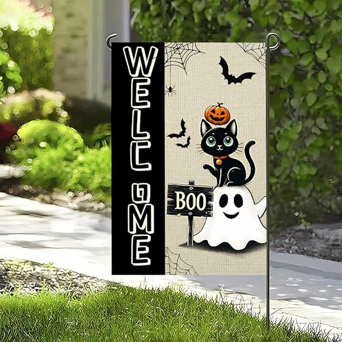 Halloween Black Cat Garden Flag 12x18 Inch Double Sided Polyester Outdoor Flag