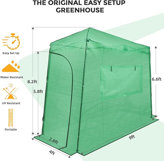 EAGLE PEAK Replacement Cover for 9x4 Portable Lean to Greenhouse, 2 Roll-Up Zipper Entry Doors and 1 Large Roll-Up Side Window (Frame Not Included), Green