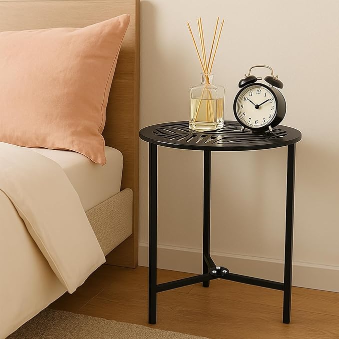 2 Packs 13" Metal Outdoor Side Tables Small Black Outside End Table for Patio Round Accent Corner Stand for Small Spaces Weather-Resistant Coffee Table for Balcony Porch Plant Stand, Pinna Form Leaf