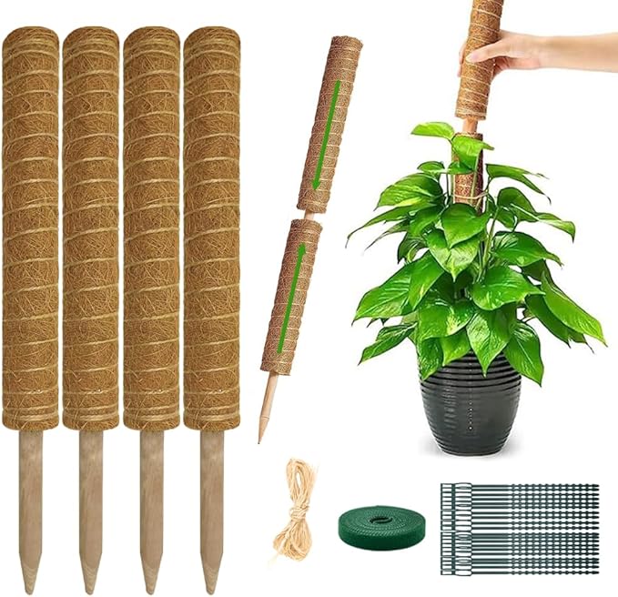 Moss Pole Monstera Plant Support: 4 Pack 16 inch Stackable Coco Coir Moss Totem Stake Tall Plants Rod Stand Grow Stick Moss Holder for House Live Plant,Indoor Climbing Potted,Vine,Pothos,Philodendron