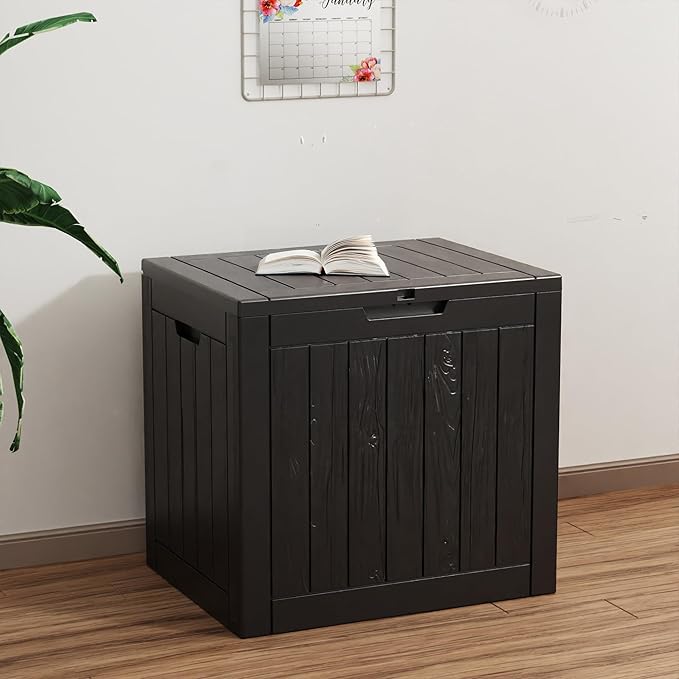 ROJIK Outdoor Storage Housing Deck Box - Waterproof Patio Furniture, Garden Tools, Cushions, Pool Accessories Storage Bench with Lockable Lid and Side Handles (Black, 30 Gal)