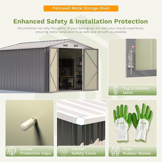 Patiowell 10 x 12 FT Metal Storage Shed for Outdoor with Floor Frame, Steel Yard Shed with Design of Lockable Doors, Utility and Tool Storage for Garden, Backyard, Patio, Outside use, Grey