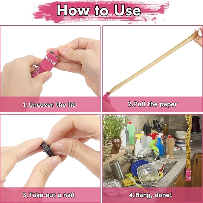 40 Pack Fly Trap, Fruit Fly Traps for Indoors, Fly Traps Outdoor Hanging, Flying Insect Trap, Fly Strips Tape Paper Ribbon, Gnat Traps for Bug, Insect, Pest, Mosquito, Pink