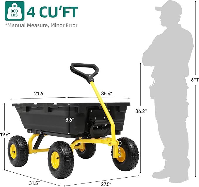 800lb Garden Dump Cart, Heavy Duty Wheelbarrow Dump Wagon with 4 Wheels&Quick-Release Dumping, Utility Wagon Carts for Halloween Pumpkin Hauling Yard, Farm and Garden(Yellow)