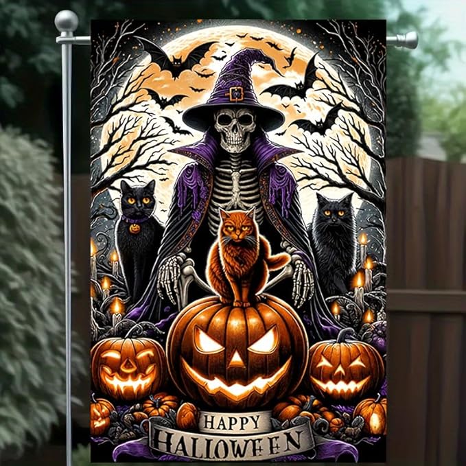 Halloween Garden Flag - Double Sided 12x18 with Ghost, Skull, Wizard, Skeleton Cats, Pumpkins, Bats - Spooky Outdoor Scary Yard Decor
