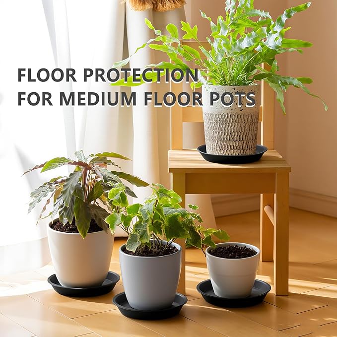 6 Pack 12-Inch Black Plant Saucer Trays, Thick PP Plastic Planter Bases for Large Pots, Strong Flower Pot Water Catcher Plates & Heavy Duty Drip Trays for Patio and Indoor Use