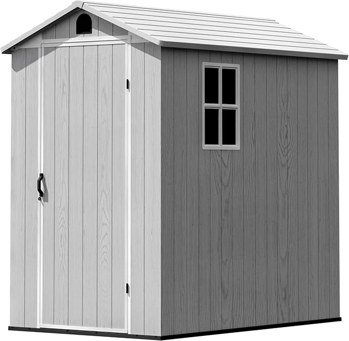 Greesum 4×6FT Plastic Outdoor Storage Shed with Floor, Resin Storaged Sheds with Lockable Door, Window & Vent, All-Weather Tool Sheds for Garden, Backyard, Patio, Light Gray (One-Piece Panel)