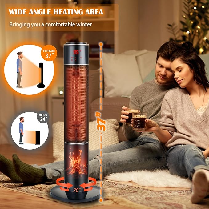 Portable Electric Space Heater for Large Room 37" Ceramic Tower Space Heater with 3D Flame for Room Heating,Oscillating,Remote Control,Tipover &overheating protection for Indoor Use(Black-I)