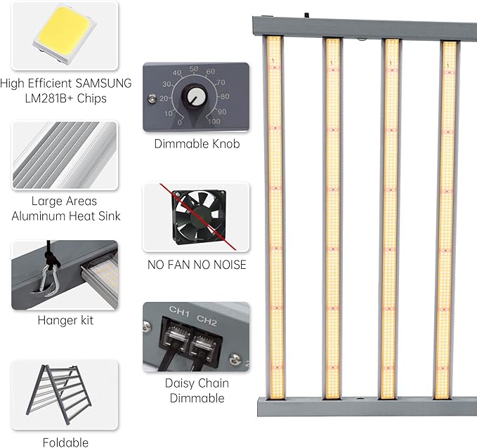 1300W LED Grow Light Bar with IR&UV Full Spectrum Foldable 12 Bar LED Plant Light 0-10V Daisy Chain Dimmable 4x6ft Core Coverage for Seedling Veg and Indoor Plants Vertical Farming