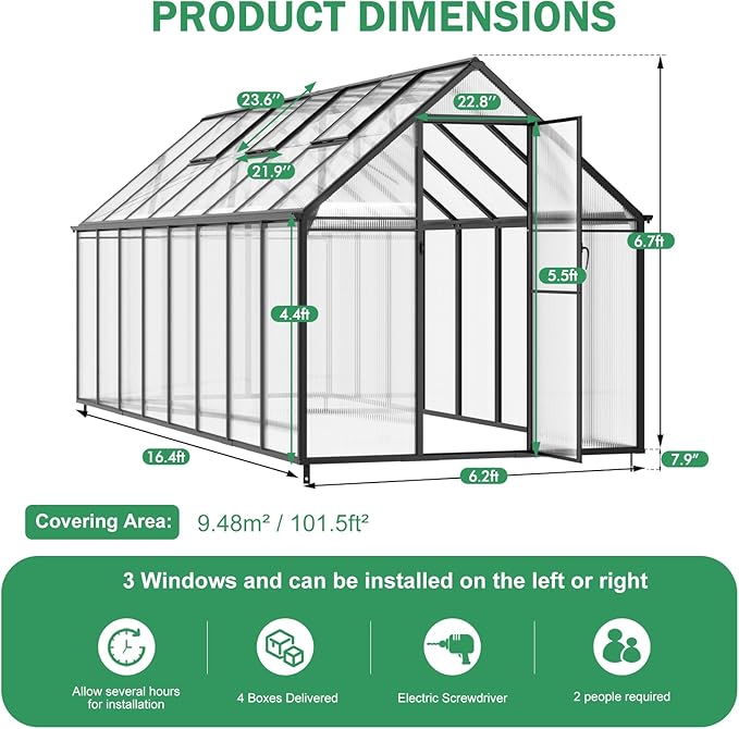 Greenhouse, 6x16 FT Easy Assembly Hybrid Polycarbonate Greenhouses for Outdoors w/3 Vent Windows & Swing Door Walk-in Green Houses Aluminum GreenHouses for Garden, Black