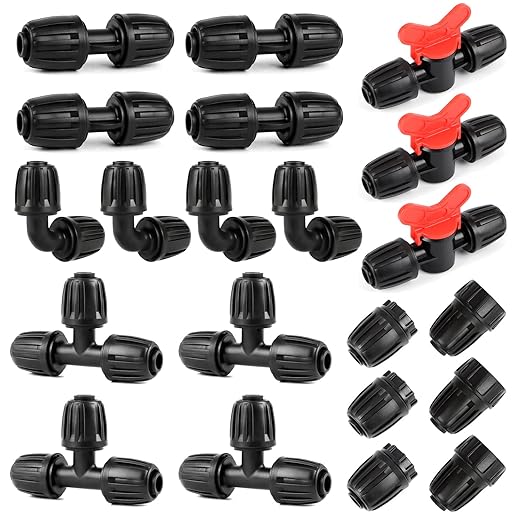 21 Pieces1/2 Inch Drip Irrigation Fittings Kit, 1/2'' Drip Line Barbed Locked Connectors for 1/2 Inch Irrigation Tubing (1/2" ID x 0.640" OD) Coupling Tee Elbow Plug Valve Faucet Adapter