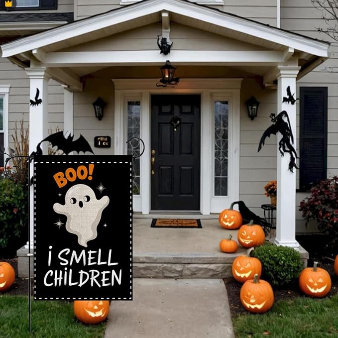 Fokongna Halloween Spooky Ghost BOO Garden Flag, I Smell Children Garden Flag Halloween Decor, 12x18 Inch Burlap Vertical Double Sided Flags, for Home Yard Outside Decorations