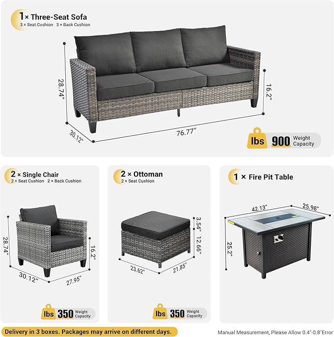 ovios Patio Furniture Set, 6 Pieces Outdoor Wicker Sofa Couch with Fire Pit Table, Ottomans and Comfy Cushions, All Weather High Back Rattan Conversation Set, Black