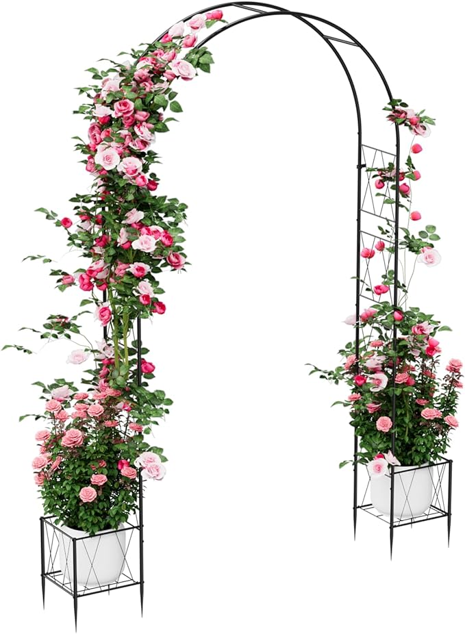 8.2 Ft Garden Arch Trellis for Climbing Plants Outdoor, Wedding Arch Frame for Ceremony Garden Arbors and Arches with 2 Planter Boxes, Metal Arch Backdrop Stand for Party Halloween Archway, Black