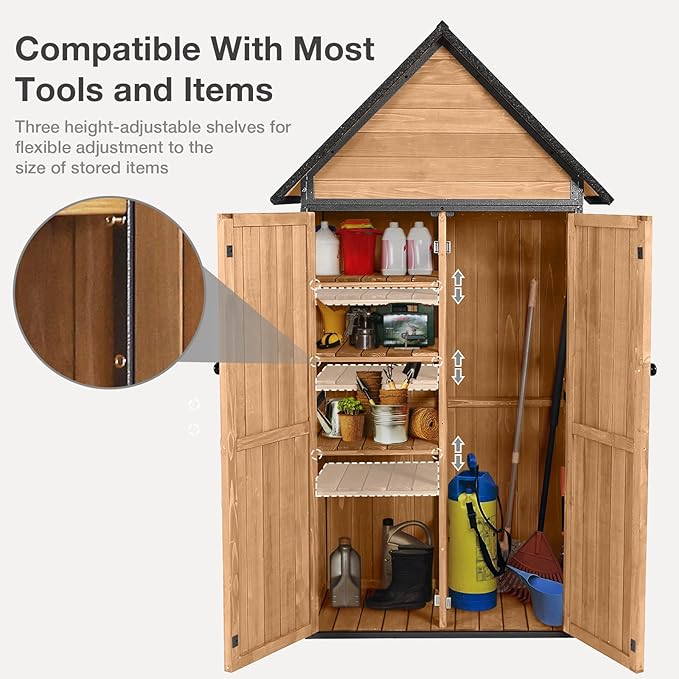 Outdoor Storage Shed with Floor and Waterproof Roof - Metal Framed Tool Cabinet with Adjustable Shelves - Double Lockable Doors for Backyard, Garden, Patio (Brown)