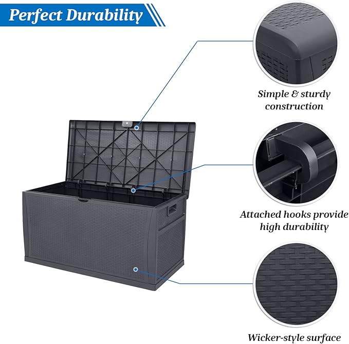 VINGLI Upgraded 120 Gallon Outdoor Storage Box, Lockable Plastic Storage Containers with Lid, Rattan Grain Surface Deck Box Patio Furniture for Garden, Pool, Balcony, Yard (Grey)