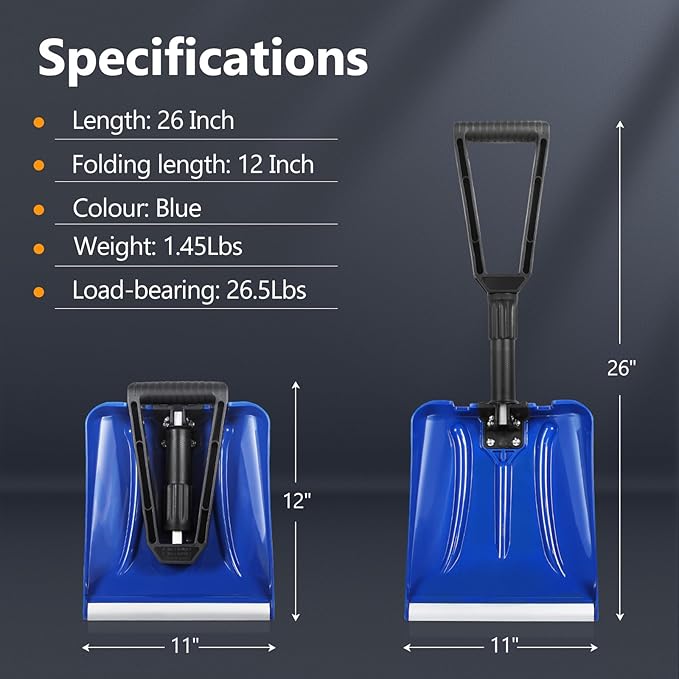 SHANTRA Folding Snow Shovel with Aluminum Edge, D-Grip Portable Shovel for Snow Removal, Lightweight Emergency Snow Shovel, Multifunctional Collapsible Shovel, Shovel For Car Driveway, Garden, Camping