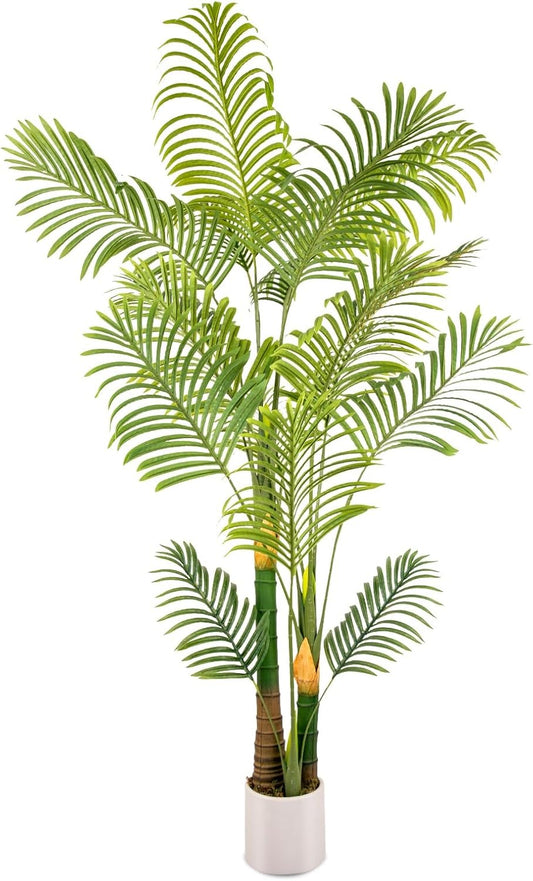 Artificial Fake Palm Tree 6FT 1Pack with White Planter & Free Moss, UV Resistant Artificial Palm Tree for Outdoors, Fake Plants for Poolside Home Room Decor, Faux Plants Outdoor Decor